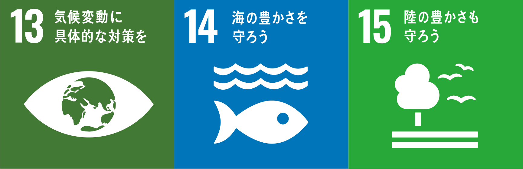 SDGs13（SDGsの目標13）「気候変動に具体的な対策を」​​
SDGs14（SDGsの目標14）「海の豊かさを守ろう」​​​
SDGs15（SDGsの目標15）「陸の豊かさも守ろう」​​​​