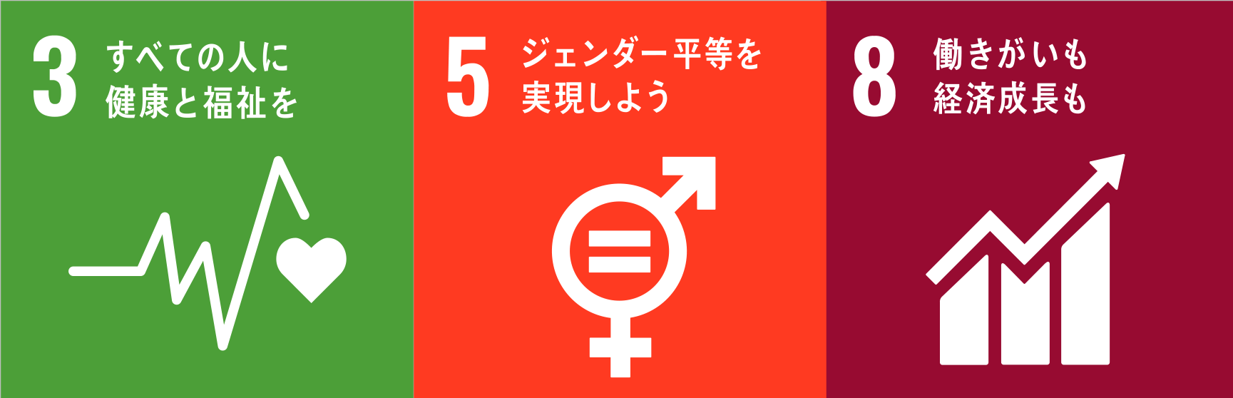 SDGs3（SDGsの目標3）「すべての人に健康と福祉を」
SDGs8（SDGsの目標8）「働きがいも経済成長も」
​​​SDGs5（SDGsの目標5）「ジェンダー平等を実現しよう」